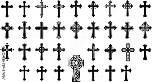Large Collection of Detailed Black Silhouettes Featuring Various Christian Crosses Including Celtic Gothic and Decorative Crucifix Designs for Religious and Spiritual Graphic Projects