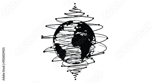 Abstract swirling lines create a dynamic representation of the Earth, symbolizing global connection and movement.
