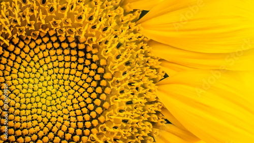 Extreme close up of a sunflower head showing detailed seed pattern and bright yellow petals, vibrant floral macro background under natural light.
