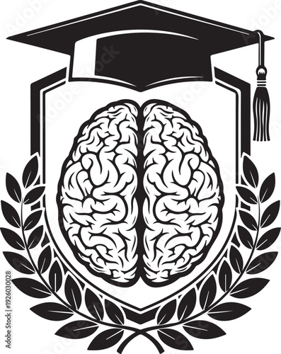 A vector illustration combining a human brain, graduation cap, and laurel wreath, symbolizing knowledge, achievement, and academic excellence