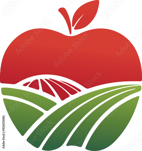 A vibrant vector illustration showing a large red apple layered over green fields and a distant farm landscape, symbolizing fresh produce and agriculture