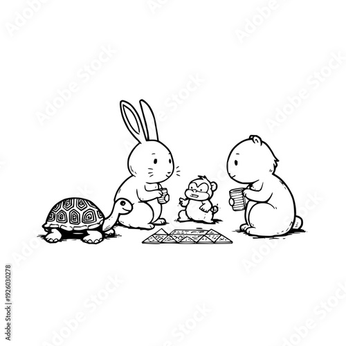 Rabbit, Turtle, and Bear Sharing Food on Blanket Outdoors