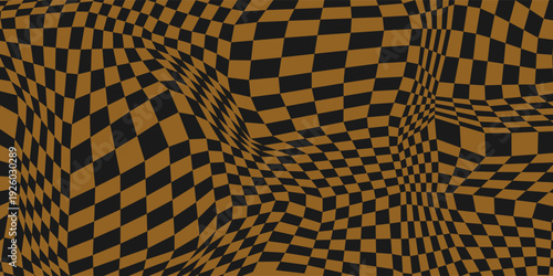 Groovy wave psychedelic checkerboard background. Hippie, retro chessboard template. Vector design Eps10