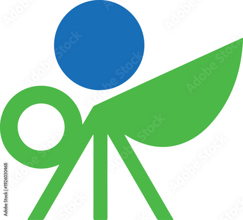 Abstract figure in motion with a blue circle head and green flowing body, suggesting agility, freedom, and dynamic movement, suitable for active lifestyle designs