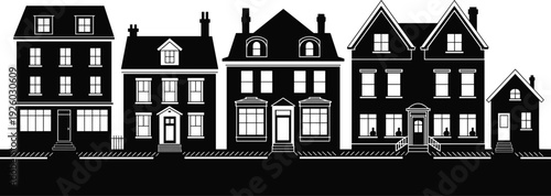 Black vector silhouette set of diverse urban houses and residential buildings featuring traditional architecture for city street landscape and real estate neighborhood concepts