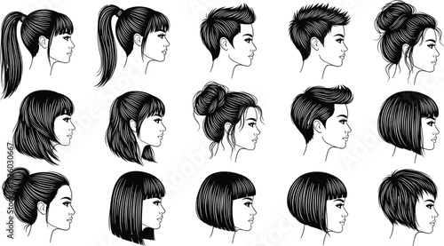 Large Collection of Hand Drawn Black and White Line Art Vector Illustrations Featuring Fifteen Diverse Female Hairstyles Including Ponytails Buns Bob Cuts and Pixies