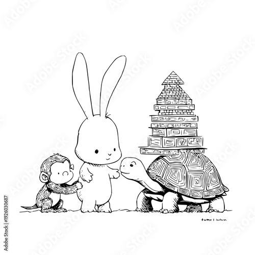 Rabbit, Hedgehog, and Turtle in Front of Temple