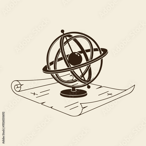 Armillary sphere on ancient scroll, scientific instrument for astronomy and navigation, historical device for celestial navigation and exploration, vintage education tool