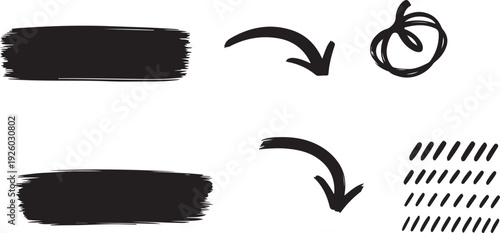 Brush stroke arrows pointing to abstract shapes isolated on white background