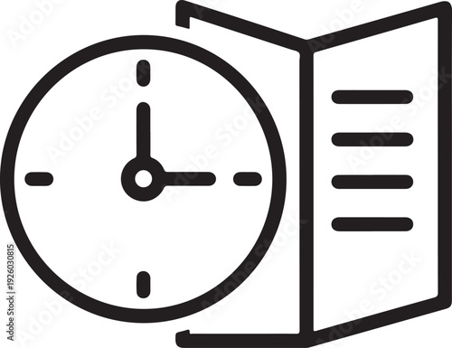 Clock and menu brochure icon showing business operating hours and dining schedule for restaurant hospitality services and professional appointment booking management