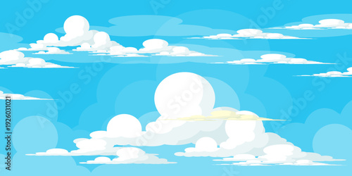 Illustration of a blue sky with white clouds in a flat style. Blue sky background and white clouds. Cartoon sky	