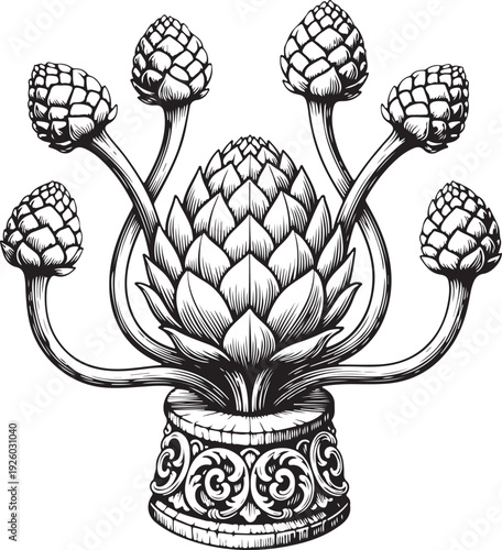Formal artichoke centerpiece with symmetrical budding branches and carved pedestal base in neoclassical style for elegant home decor or luxury architectural ornament design