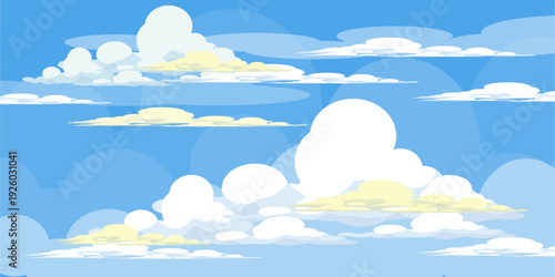 Illustration of a blue sky with white clouds in a flat style. Blue sky background and white clouds. Cartoon sky	