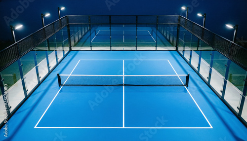 Modern Illuminated Padel Court at Night with Glass Walls and Blue Surface