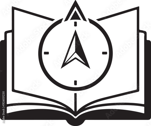 Education knowledge icon with open book and compass navigation symbol representing academic learning research exploration wisdom travel guide literature library sign