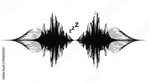Abstract illustration of a peaceful sound wave, featuring 'Zzz' symbols to represent sleep, tranquility, and quiet rest, rendered in a serene black and white design