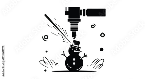 Illustration of a snowman being constructed with a tool spraying material