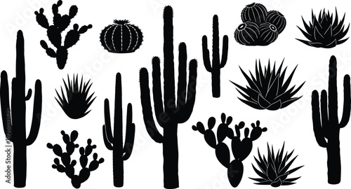 Set of black cactus and succulent silhouettes featuring saguaro prickly pear and agave plants for desert nature and southwestern design