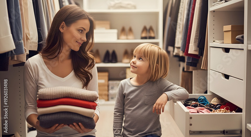 A smiling young woman holding a stack of folded sweaters while looking at her small daughter in a bright and organized walk-in closet