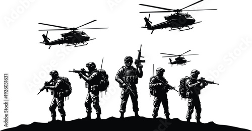 Set of black military soldier silhouettes standing on ridge with helicopters flying in sky for army tactical combat mission icons