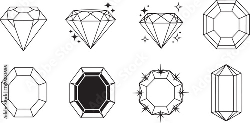 Diamond Gemstone Icons Faceted Cuts Sparkling Shapes Jewelry Design Elements Luxury Symbolism