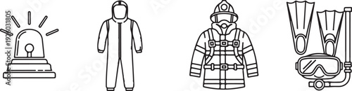 Emergency Response Gear Icons: Siren Hazmat Suit Firefighter Scuba Diving Equipment