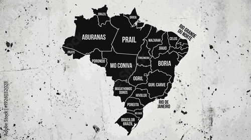 Grunge Stylized Map of Brazil with Fictional Regions in Black and White