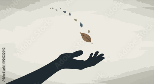 Autumn Leaves Falling Gently Into an Open Hand in a Dreamlike, Misty Landscape