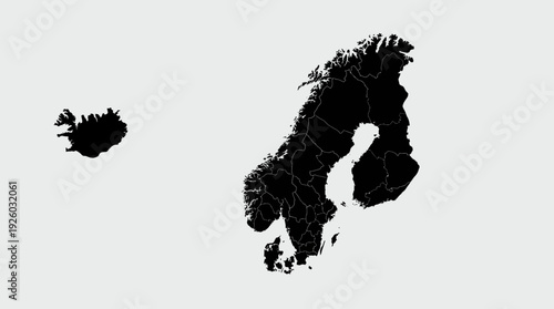 Nordic Countries Map: Iceland, Scandinavia & Finland Black Silhouette with Borders on White Background