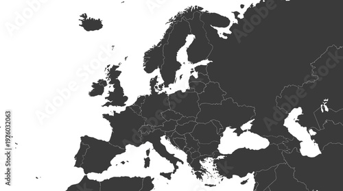 Detailed Political Map of Europe with Country Borders. Clean Grayscale Design, Ideal for Presentations, Education, and Geographical Analysis.