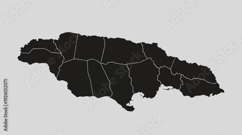 Jamaica Map Silhouette with Parishes. Detailed Black and White Vector Illustration of Caribbean Island Geography and Administrative Divisions.