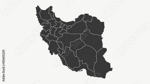 Map of Iran with Provinces. Detailed Political and Administrative Divisions. Black and White Geographic Silhouette Illustration on Light Background.