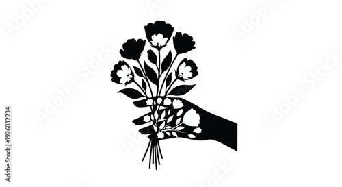 Stylized graphic illustration of a human hand gently holding a fresh bouquet of blooming flowers, symbolizing care, beauty, and thoughtful gifting for various occasions