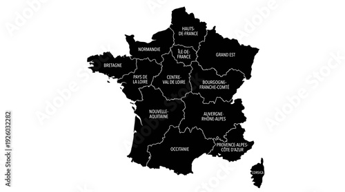 Detailed Political Map of France with Regions. Administrative Divisions, Geographic Outline, and Names for Metropolitan France and Corsica. Black & White Silhouette.