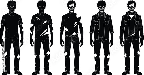 Black vector silhouette set of five scary zombies with skeletal faces and torn clothing in various standing poses for Halloween and horror design