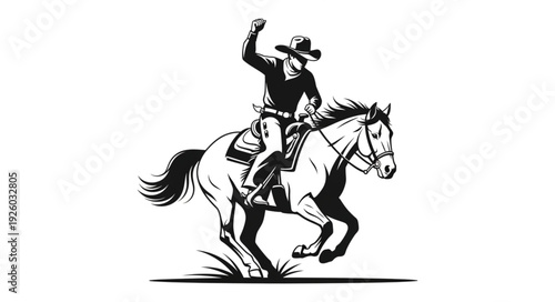 Cowboy Riding Horse in Western Style Illustration.