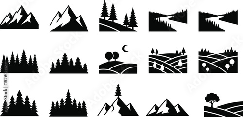 Large collection of minimalist black nature silhouettes featuring mountain peaks, pine tree forests, winding rivers, and rolling hills for outdoor adventure logo design.
