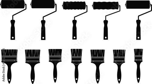 Large collection of paint roller and brush silhouettes vector set featuring wall renovation tools and construction equipment isolated on white background for repair design.