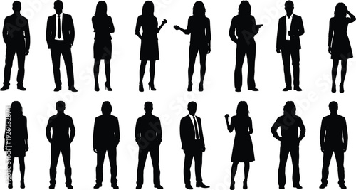 Large collection of professional business people silhouettes featuring men and women in formal suits standing and posing isolated on white background for corporate office design