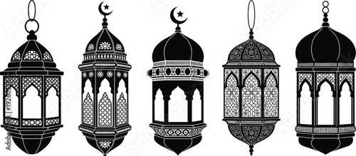 Black vector silhouette set of five various ornamental Arabic lanterns with crescent moon and star details for Ramadan Kareem and Islamic festival design