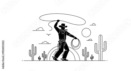 Cowboy Lassoing in the Desert with Cacti.
