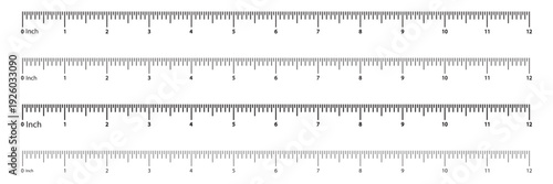 Ruler scales 1to 10, 12 centimeters, inches markup, numbers. Measuring sticks. Distance, height, length measurement, sewing tool black mockup. Measuring chart, metric, imperial units icon template.