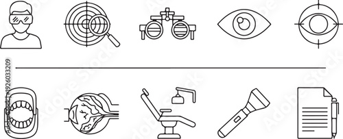 Medical Icons Set: Vision Dental Examination Tools Diagnostics & Patient Care