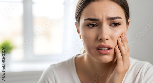 Free Download Close-up of a young woman's face experiencing severe pain and discomfort from a swollen jaw, an oral health problem concept - GFXLoad