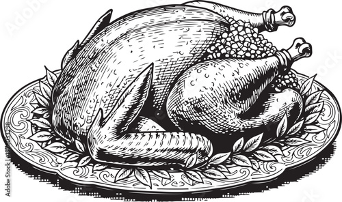 Roasted turkey on platter with garnish engraving style illustration for thanksgiving dinner celebration traditional holiday meal christmas roast poultry food art