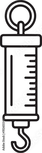 Spring scale instrument for measuring weight and force in physics laboratories and industrial workshops showing vertical measurement cylinder and metal hanging hook tool