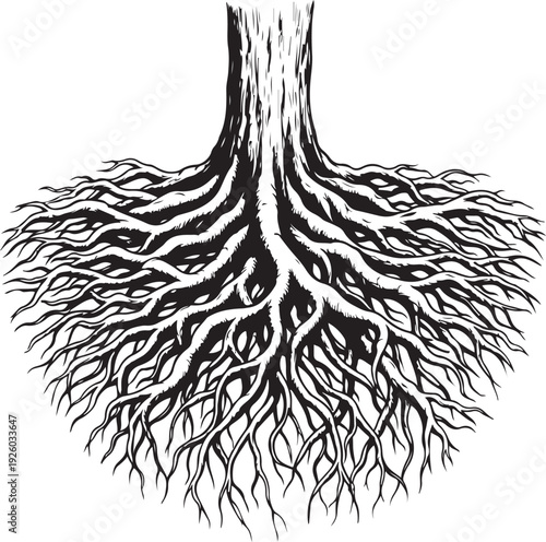 Tree roots spread wide, natural growth, underground network, organic structure, symbol of strength and foundation