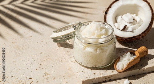 A natural coconut hand scrub in a glass jar with fresh coconut and a scoop, representing a tropical skincare self-care concept