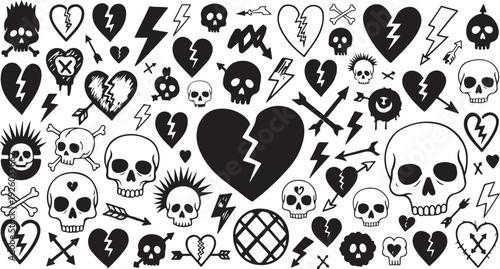 Punk Rock Skulls and Broken Hearts Illustration Isolated on white background
