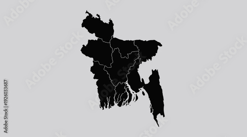 Bangladesh Map Black Silhouette with Administrative Divisions on Light Grey Background